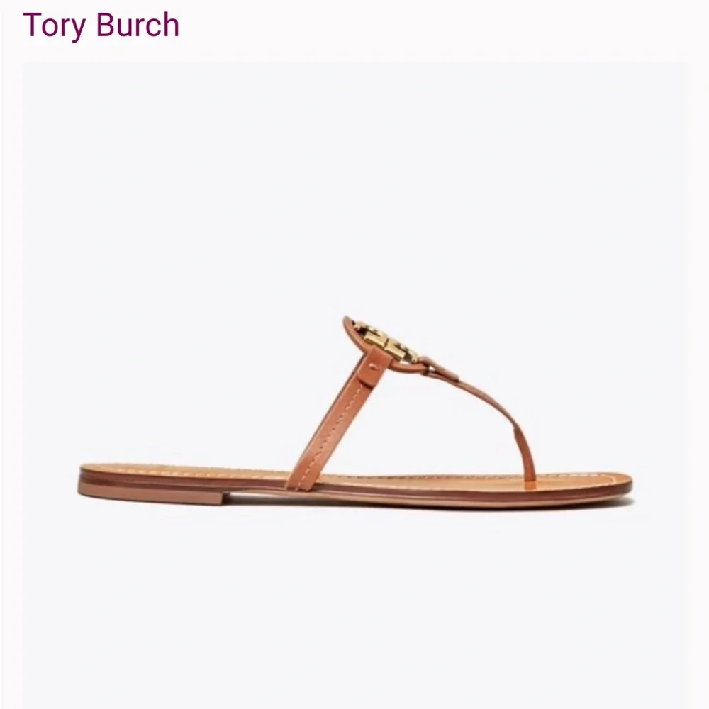 Tory Burch Tan Leather Thong Sandals with Gold Logo Medallion women size 8.5